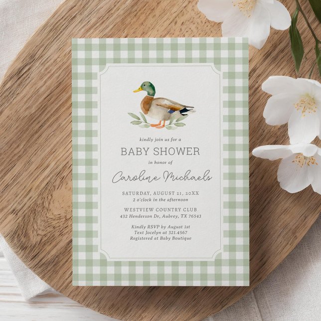 Sage Green Gingham Mallard Duck Baby Duck Einladung (Von Creator hochgeladen)