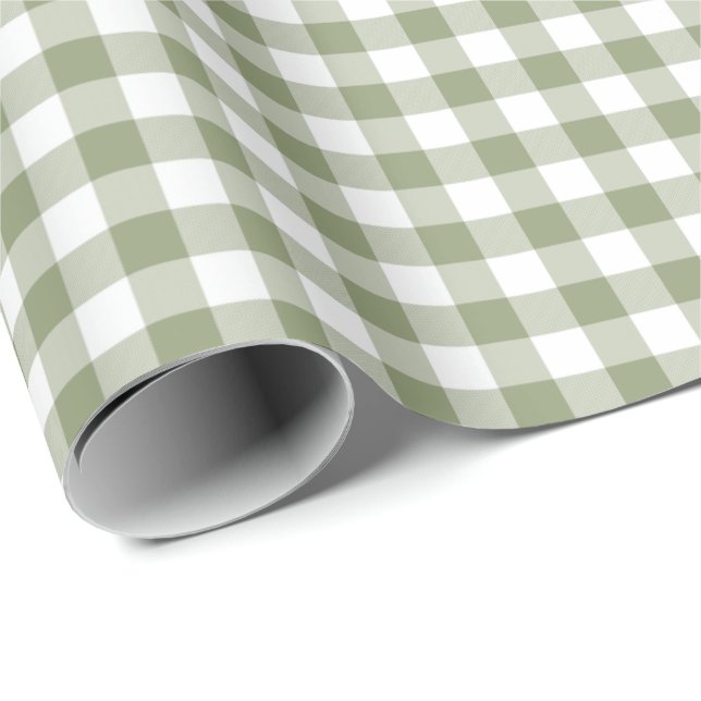 Sage Green Gingham Neutral Elegante Karos Muster Geschenkpapier (Rolleneckpunkt)