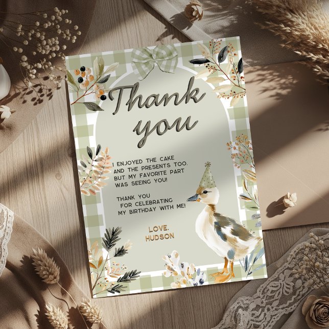 Sage Green Gingham Niedlich Duckling Watercolor Pa Dankeskarte (Von Creator hochgeladen)