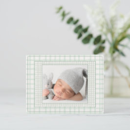 Sage Green Gingham One Photo Gender Neutral Birth Ankündigungspostkarte