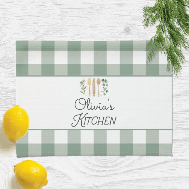 Sage Green Gingham Pattern Bauernhof Kernstück Geschirrtuch (In situ)