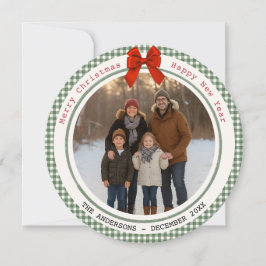 Sage Green Gingham Plaid Circle Photo Christmas Feiertagskarte