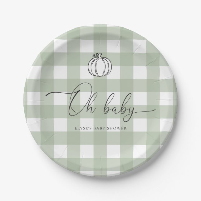 Sage Green Gingham Pumpkin Baby Dusche Pappteller (Vorderseite)