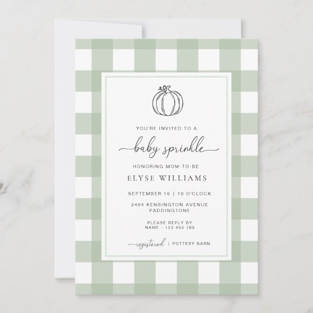 Sage Green Gingham Pumpkin Baby Sprinkle Einladung (Vorderseite)