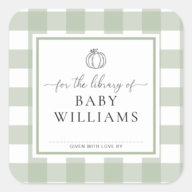 Sage Green Gingham Pumpkin Library of Buchzeichen Quadratischer Aufkleber (Vorderseite)