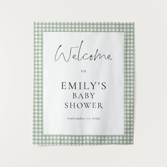 Sage Green Gingham Script Welcome Baby Shower  Wandteppich (Vorderseite)