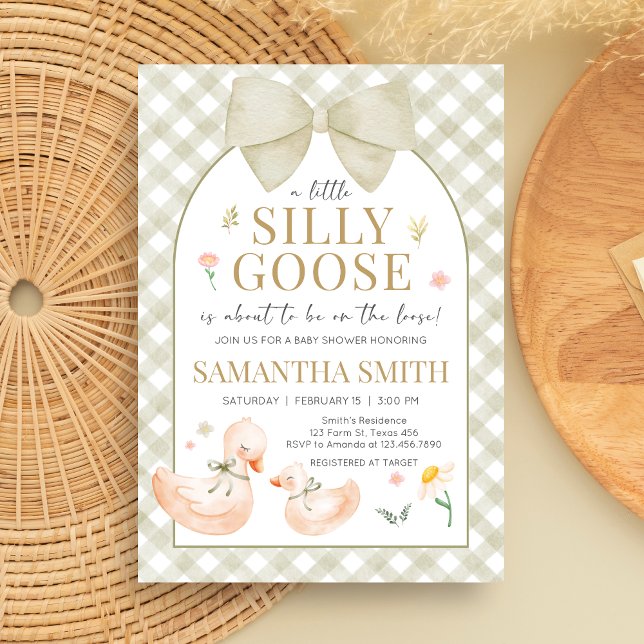 Sage Green Gingham Silly Goose Baby Shower Einladung (Silly Goose Baby Shower Invitation)