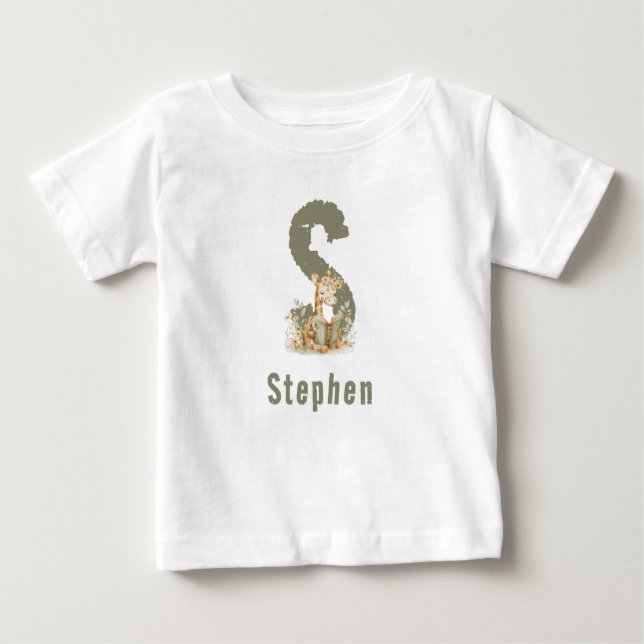 Sage Green Giraffe Monogram & Name Baby T-shirt (Vorderseite)