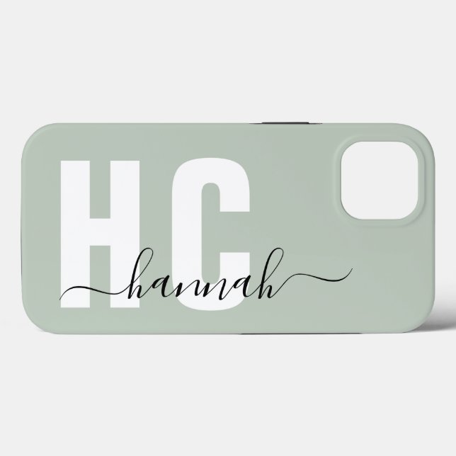Sage Green Girl Script Monogram Name Case-Mate iPhone Hülle (Rückseite (Horizontal))