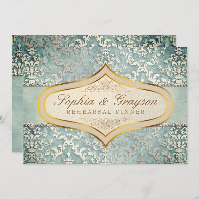 Sage Green Glimmer Damask Hochzeitsessen Probe Einladung (Vorne/Hinten)