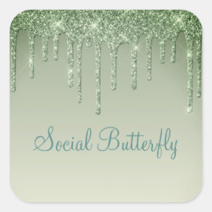 Sage Green Glitzer Social Butterfly Typografie Quadratischer Aufkleber