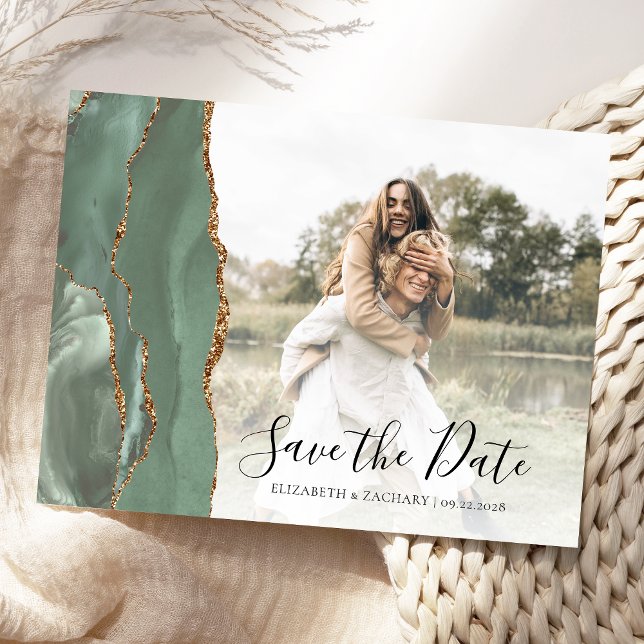 Sage Green Gold Agate Custom Foto Save the Date Postkarte (Von Creator hochgeladen)