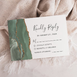 Sage Green Gold Agate Wedding RSVP Karte