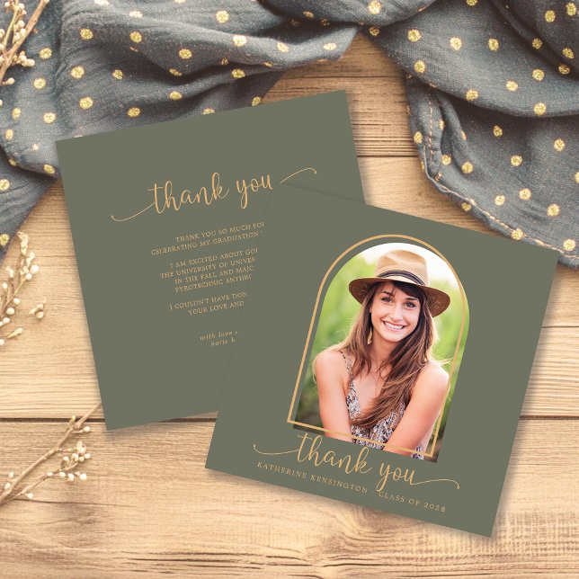Sage Green Gold Arch Foto Abschluss Vielen Dank (Sage Green Gold Arch Photo Graduation Thank You Card)