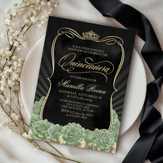 Sage Green Gold Black Quinceañera Einladung