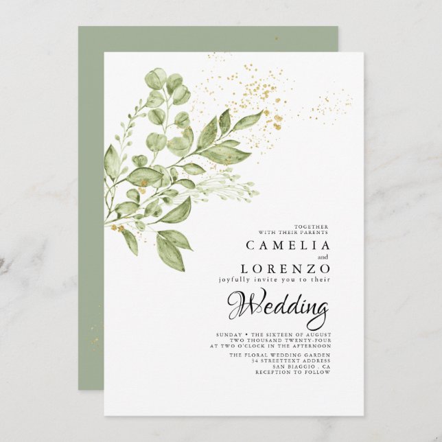 Sage Green Gold Boho Greenerity Wedding Einladung (Vorne/Hinten)