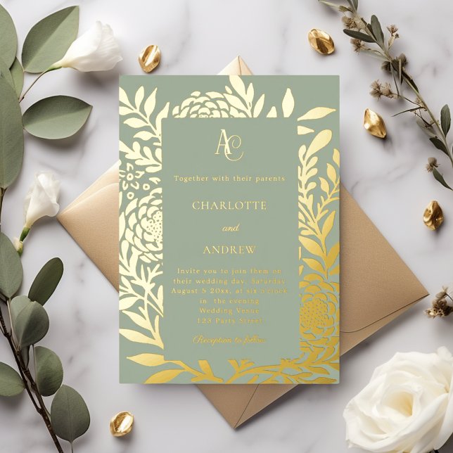 Sage green gold botanical monogram luxury wedding folieneinladung (Von Creator hochgeladen)