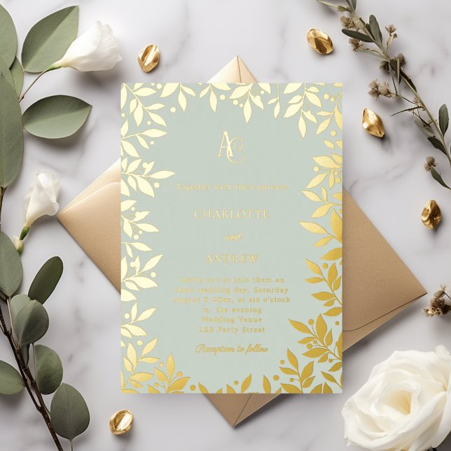 Sage green gold botanical monogram luxury wedding folieneinladung (Von Creator hochgeladen)