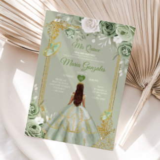 Sage Green Gold Crown Mis Quince 15 Anos Kleider Einladung