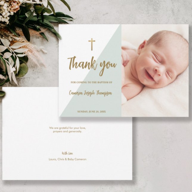 Sage green gold Custom Modern Baby Baptisse Einladung (Baby baptism gold cross and green photo thank you card.)