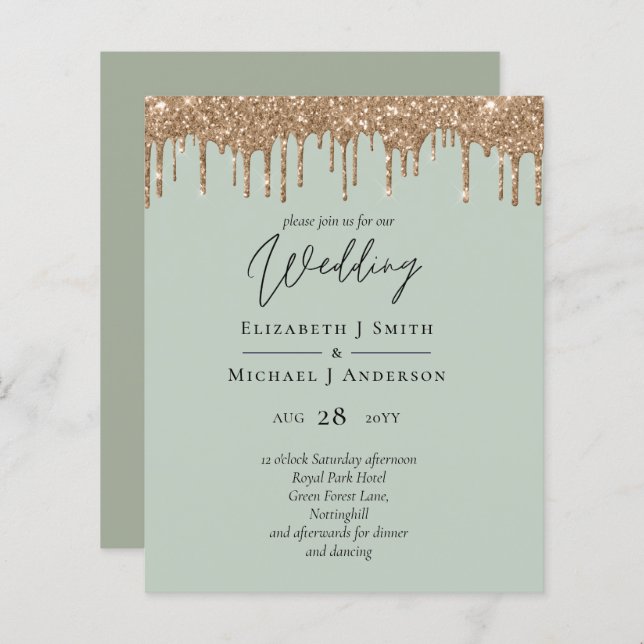 Sage Green Gold Dripping Glitzer Hochzeitsskript (Vorne/Hinten)