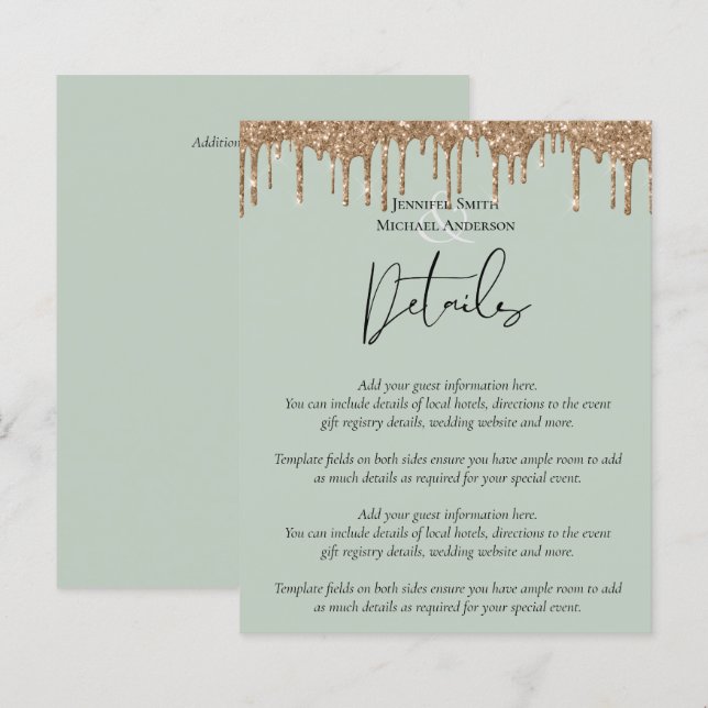 Sage Green Gold Dripping Glitzer Hochzeitsskript (Vorne/Hinten)