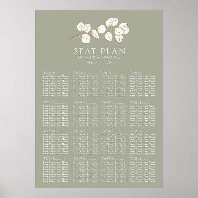 Sage Green Gold Eucalyptus Blätter Sitzkarten Poster (Vorne)