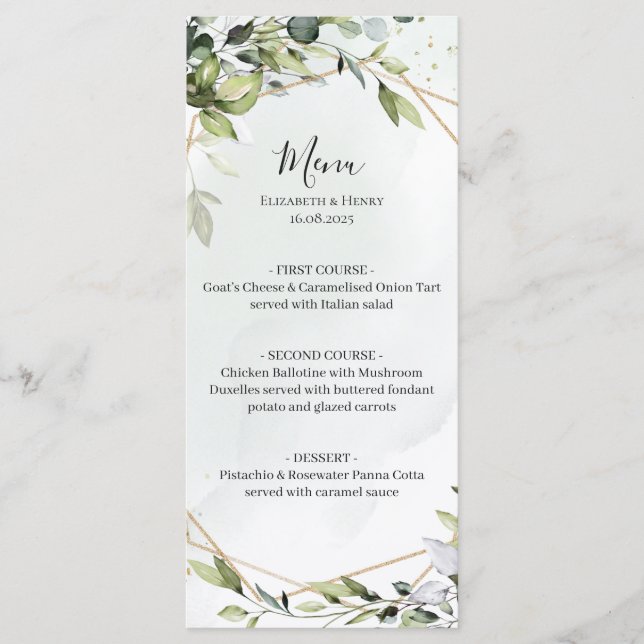 Sage green gold eucalyptus geometric wedding menu menükarte (Vorderseite)