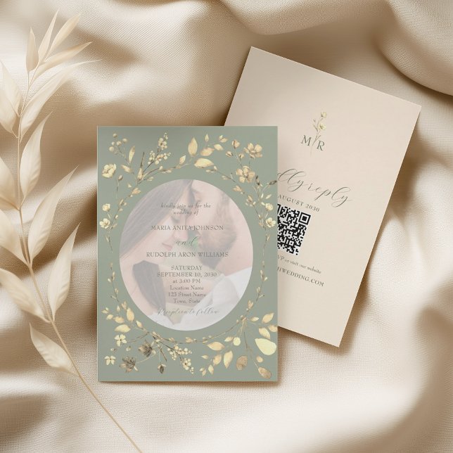 Sage Green Gold Floral Photo Wedding Einladung (Von Creator hochgeladen)