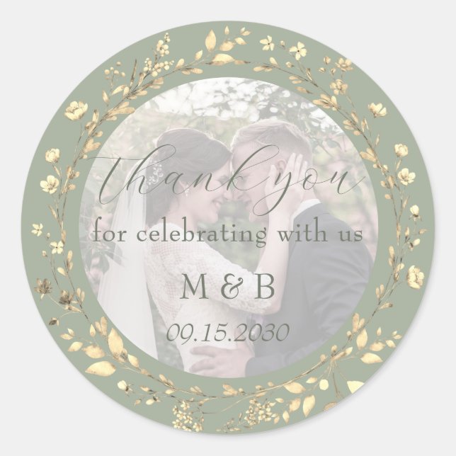 Sage Green Gold Floral Photo Wedding Thank You Runder Aufkleber (Vorderseite)