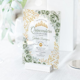 Sage Green Gold Floral Quinceanera Acryleinladungen