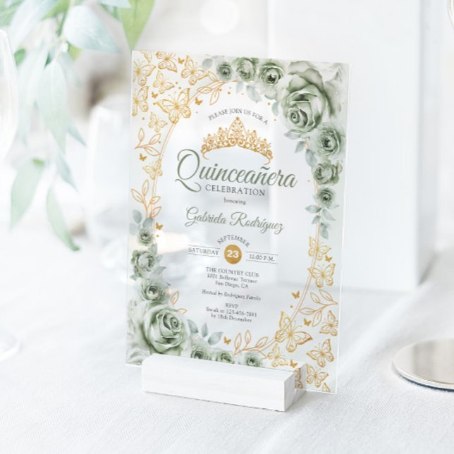 Sage Green Gold Floral Quinceanera Acryleinladungen (Von Creator hochgeladen)