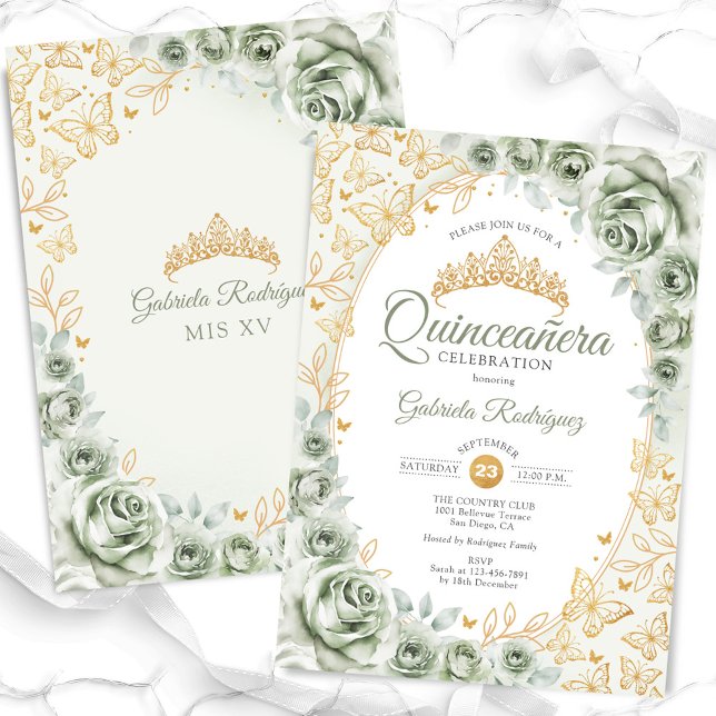 Sage Green Gold Floral Quinceanera Einladung (Von Creator hochgeladen)