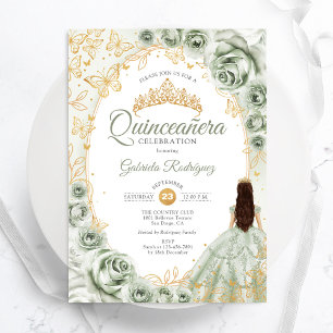 Sage Green Gold Floral Quinceanera Einladung