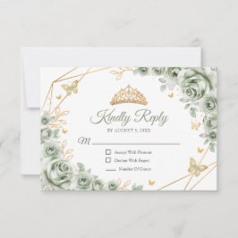 Sage Green Gold Floral Quinceanera Reply RSVP Karte