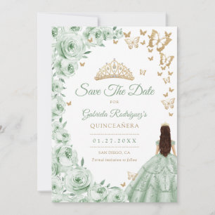 Sage Green Gold Floral Quinceanera Save The Date