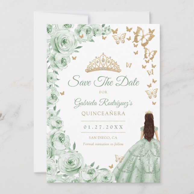 Sage Green Gold Floral Quinceanera Save The Date (Vorderseite)