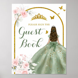 Sage Green Gold Floral Quinceñera Gästebuch