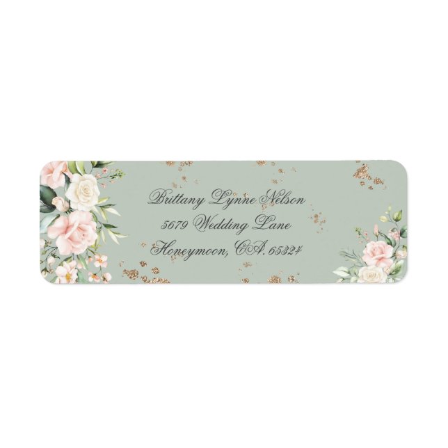 Sage Green Gold Floral Wedding Rücksendeadresse (Vorne)