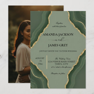 Sage Green Gold Geode Photo Back Wedding  Einladung