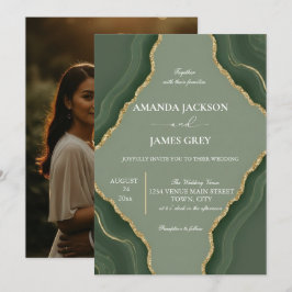 Sage Green Gold Geode Photo Back Wedding  Einladung