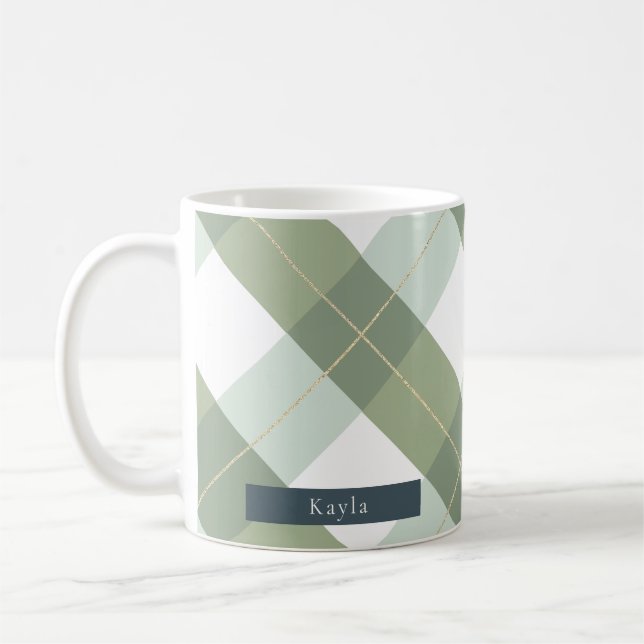 Sage Green & Gold Gingham Kariert Kaffeetasse (Links)