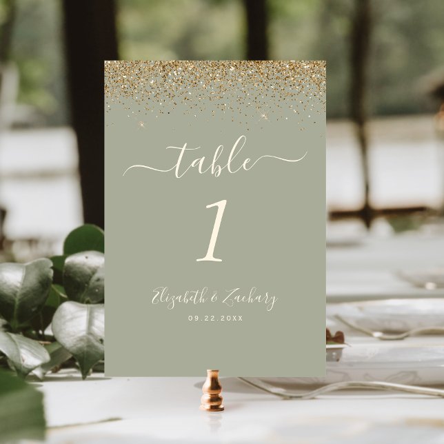 Sage Green Gold Glitzer Edge Wedding Tischnummer (Von Creator hochgeladen)