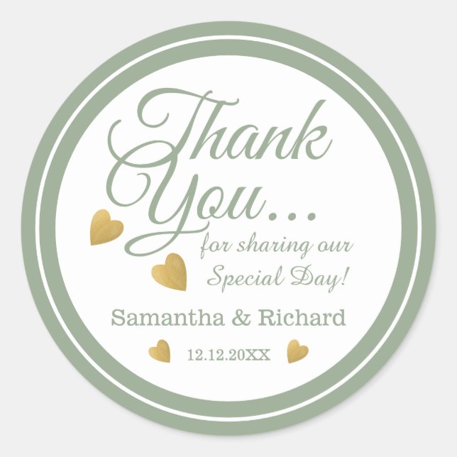 Sage Green Gold Heart Wedding Vielen Dank Runder Aufkleber (Vorderseite)