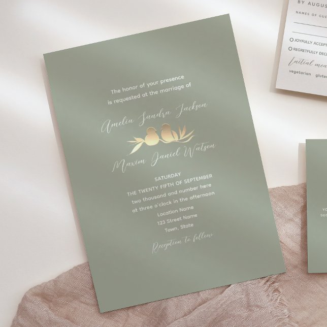 Sage Green Gold Lovebirds Hochzeit Einladung (Von Creator hochgeladen)