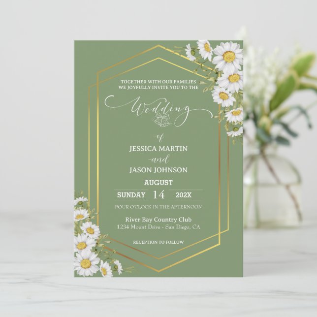 Sage Green Gold Minimalistisch Floral Wedding Einladung (Stehend Vorderseite)