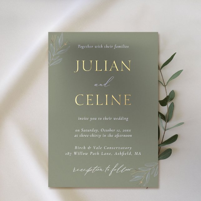 Sage Green Gold Minimalistisch Greenerity Gold Wed Folieneinladung (sage green wedding invitation gold foil minimalist greenery modern classic simple clean elegant luxe)