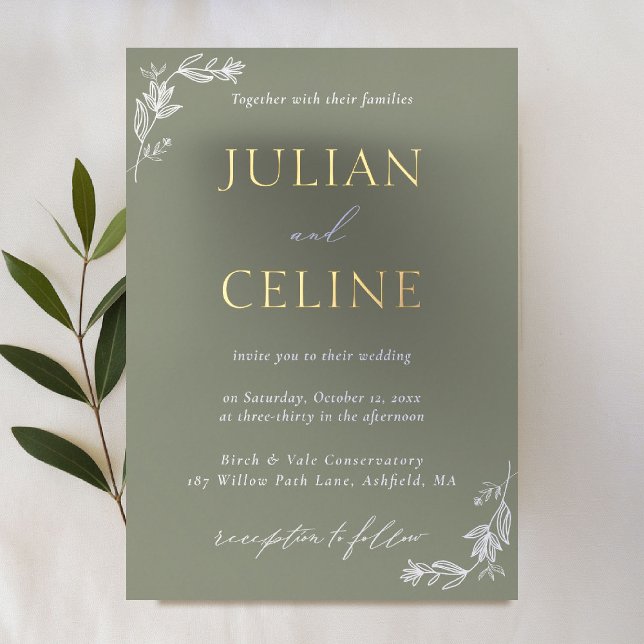 Sage Green Gold Minimalistisch Weiße Grüne Hochzei Folieneinladung (sage green wedding invitation gold foil minimal white greenery modern classic simple clean elegant)