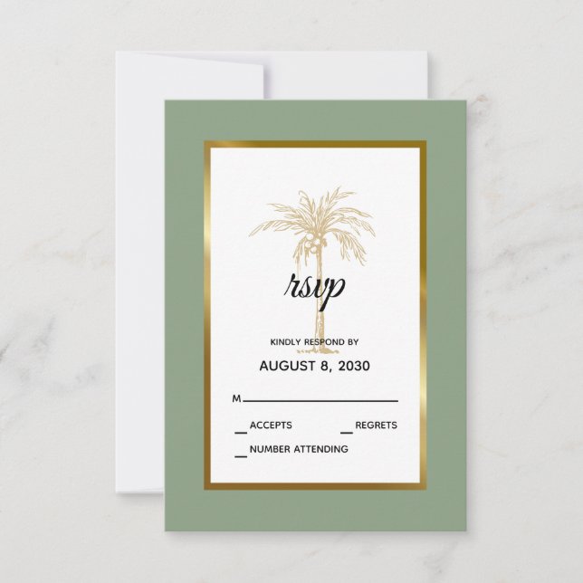 Sage Green Gold Palm Tree Beach Hochzeit RSVP Karte (Vorderseite)