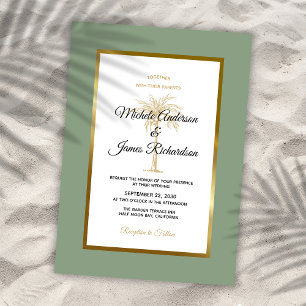 Sage Green Gold Palm Tree Tropical Beach Hochzeit Einladung